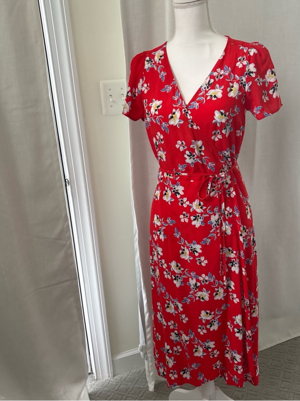 GAP Red Floral Wrap Midi Dress with Yellow & White Blooms